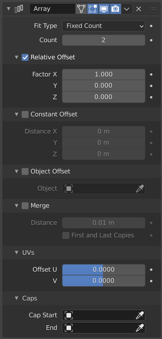 Array modifier panel showing Fit Type Fixed Count, Count 2, and Relative Offset Factor X 1.000