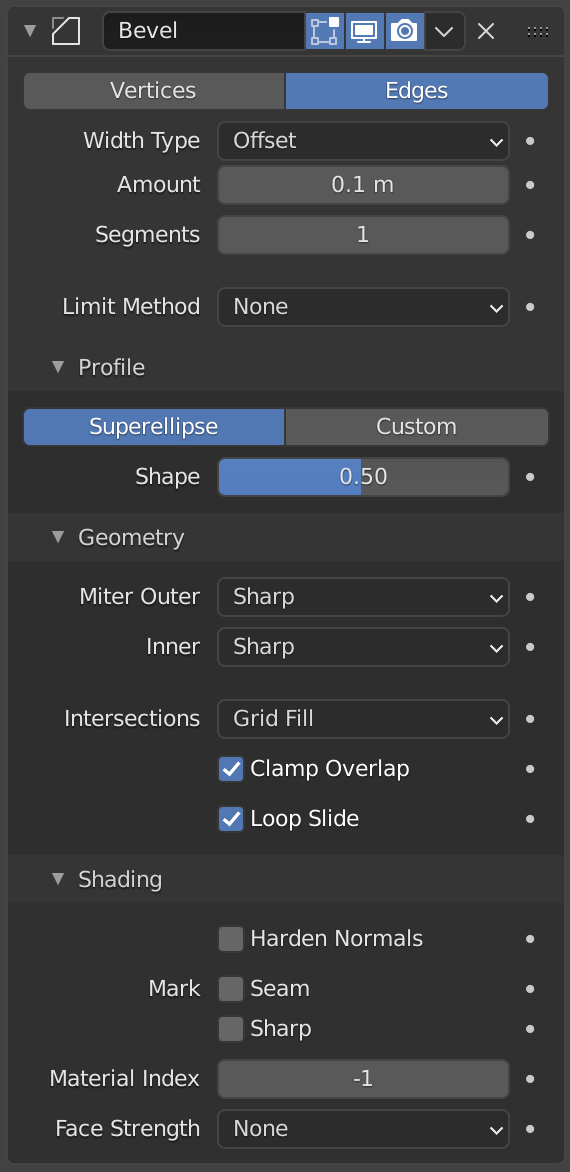 Bevel modifier panel with Amount, Segments, and Profile settings