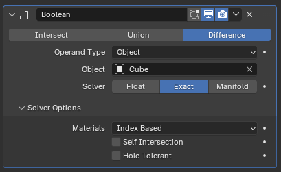 Boolean modifier panel with Difference selected and Object set to Cube
