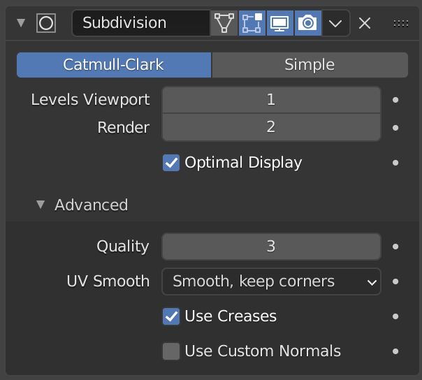 Subdivision Surface modifier panel showing Levels Viewport and Render settings